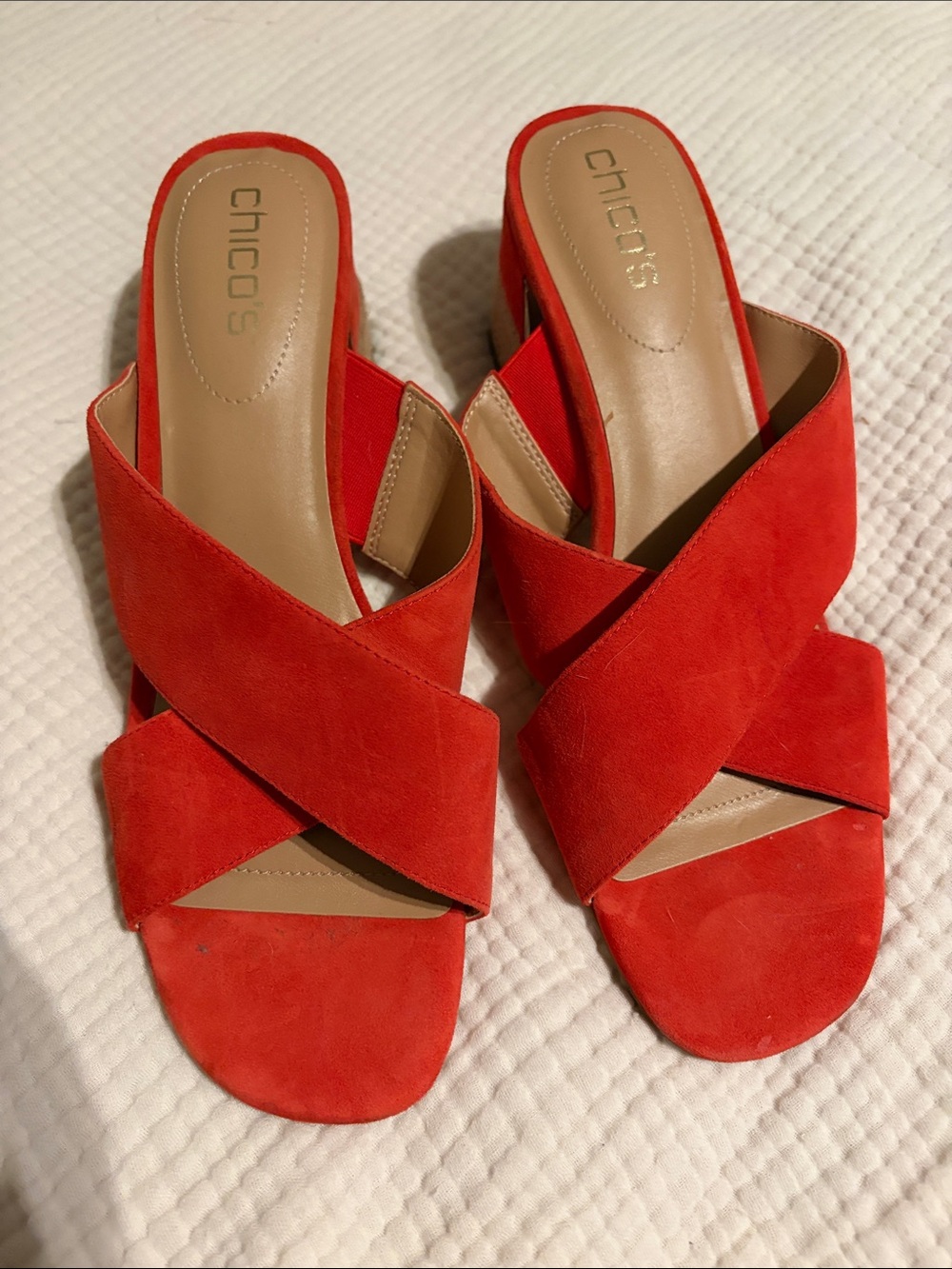 Chico's Bright Red Suede Crossband Slide Heels